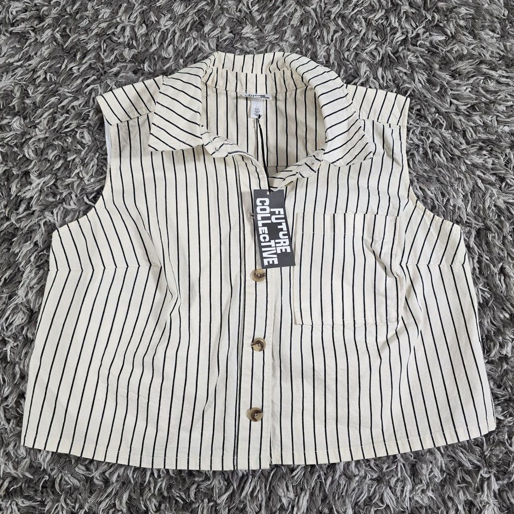 Future Collective Ecru Black Striped Sleeveless Button Up Shirt XXL Z9GP82